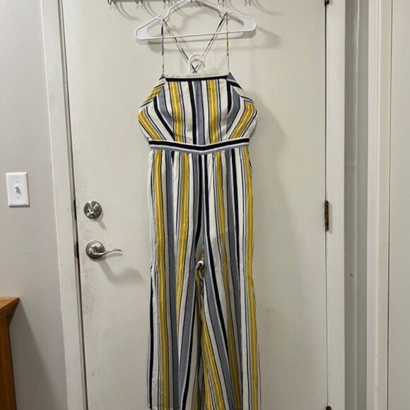 Mystree Yellow Striped Overall Crisscross Open Back Romper Jumpsuit Sz Medium - Picture 3 of 12